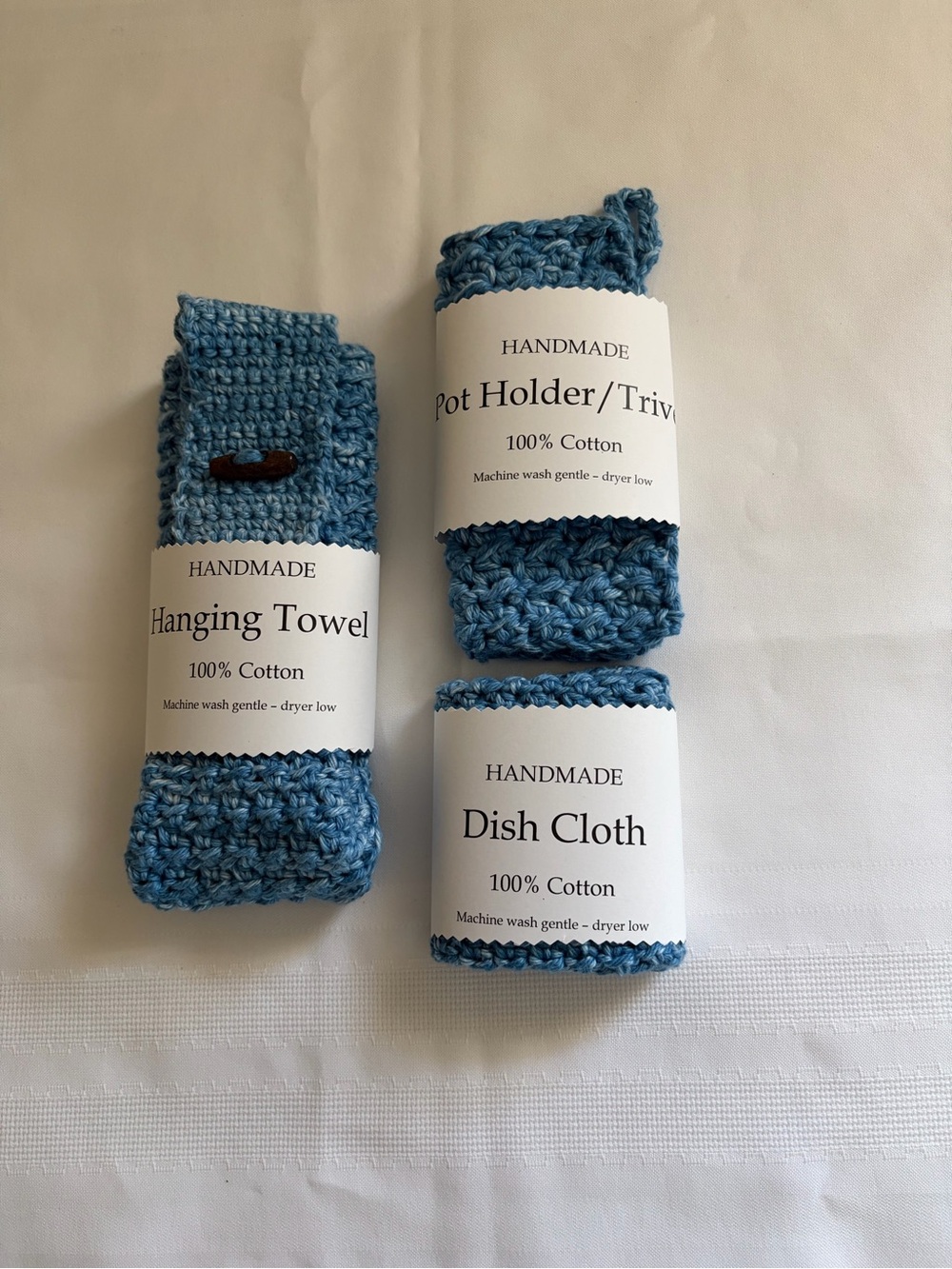 Handmade Blue Cotton Kitchen Set - Hanging Towel, Pot Holder, Dish Cloth
